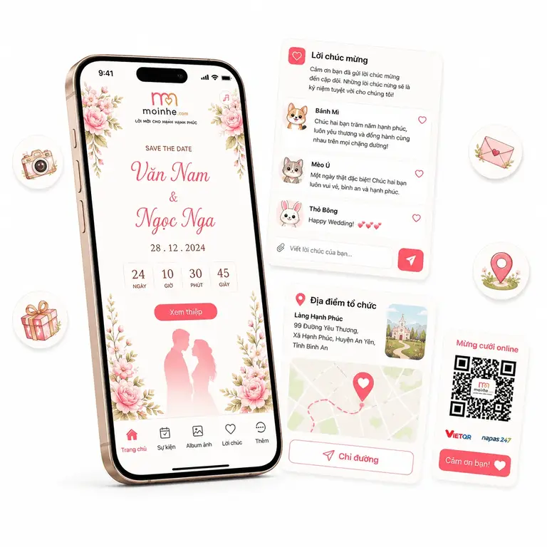 Minh họa tính năng thiệp cưới online với lời chúc, chỉ đường và QR