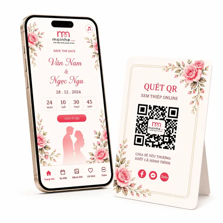 Minh họa bảng giá thiệp cưới online với điện thoại và mã QR