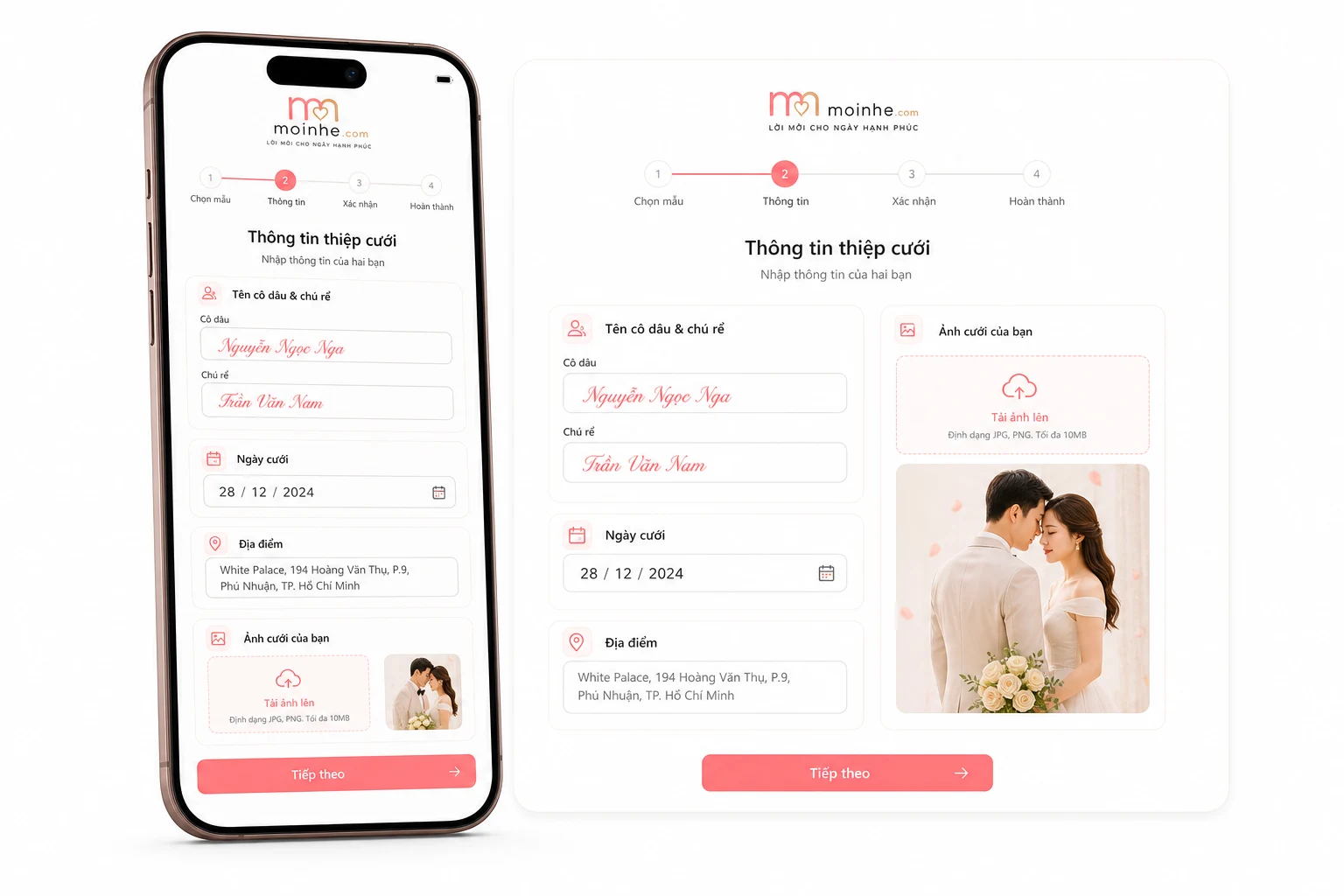 Form nhập thông tin cưới với ảnh cặp đôi và địa điểm trên thiệp online
