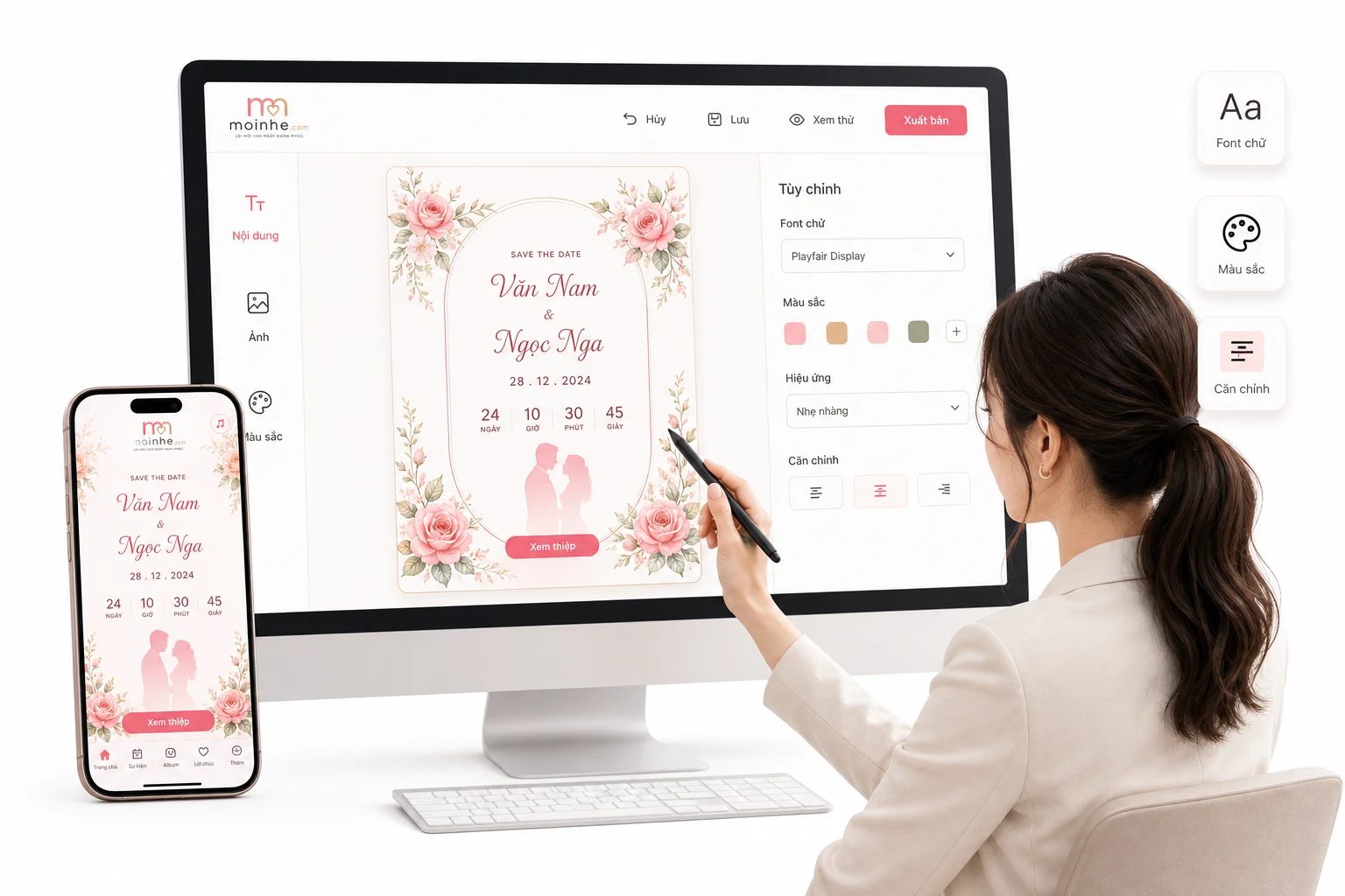 Màn hình chỉnh sửa và hoàn thiện giao diện thiệp cưới online
